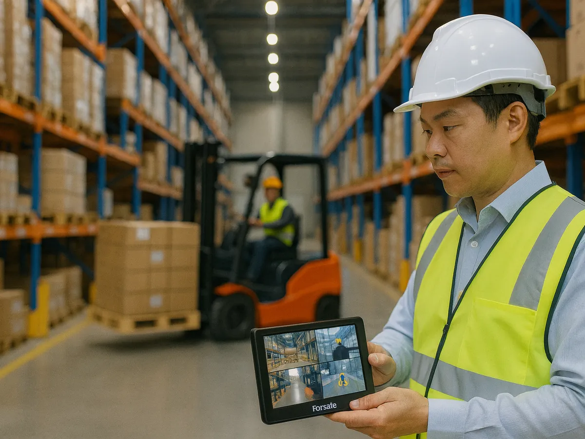 Engineer reviewing Forsafe multi-view feeds on tablet in warehouse aisle