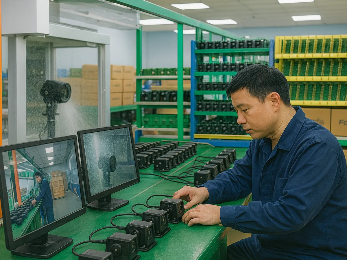 Forsafe production line testing forklift cameras with water spray and dust