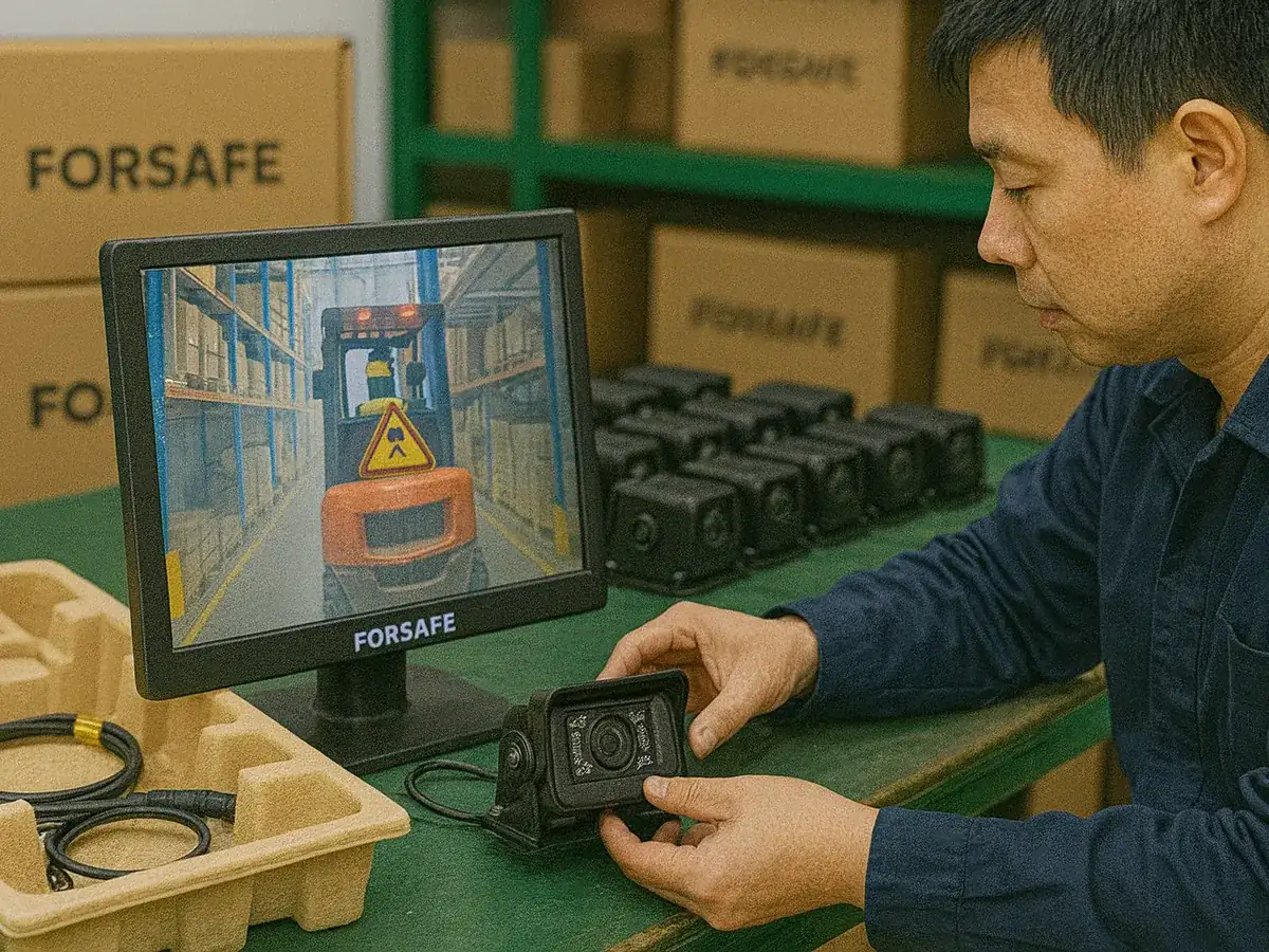 Bench test of pre-assembled forklift camera kit with labeled harness