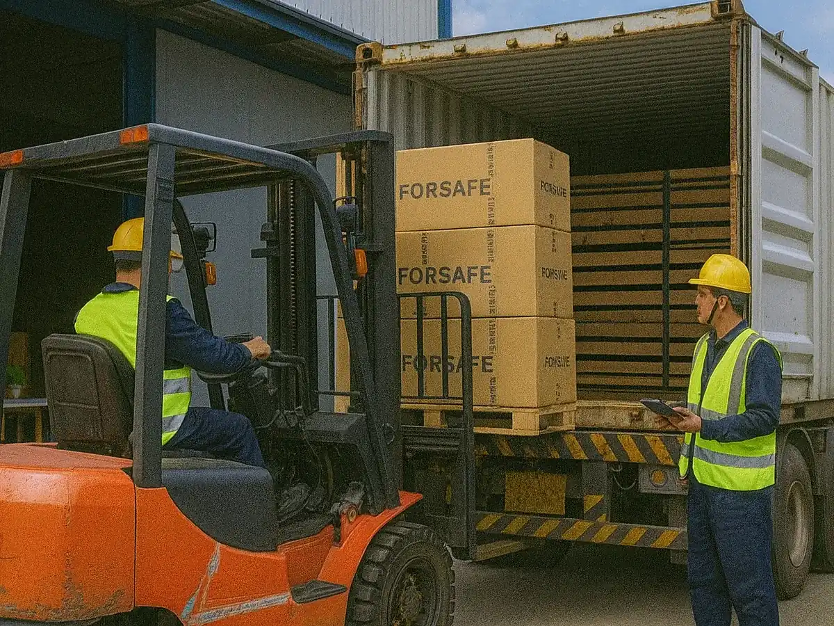 Forsafe boxes palletized and loaded into container by forklift
