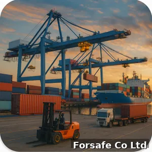 Container port with gantry cranes, forklift and truck — Forsafe yard operations.